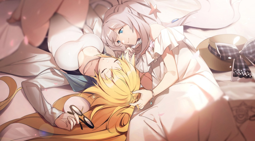 2girls blonde_hair braid closed_eyes dress eyebrows_visible_through_hair fate/apocrypha fate/grand_order fate_(series) gauntlets gloves hair_ribbon hat holding holding_eyewear jeanne_d'arc_(fate) jeanne_d'arc_(fate)_(all) jeanne_d'arc_(swimsuit_archer) long_braid long_hair looking_at_another lying marie_antoinette_(fate/grand_order) multiple_girls no-kan on_back one-piece_swimsuit ribbon silver_hair single_braid sleeping sleeveless sun_hat swimsuit twintails very_long_hair