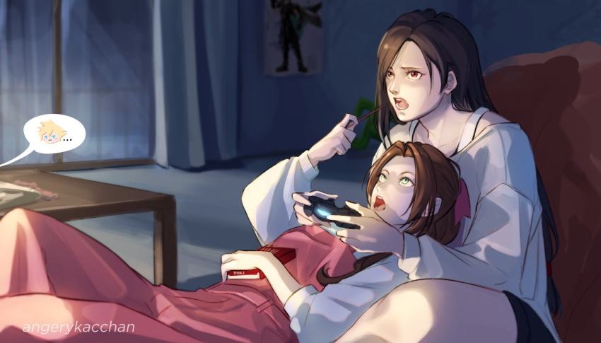 1boy 2girls aerith_gainsborough alternate_universe angerykacchan black_hair brown_hair cameo cloud_strife feeding final_fantasy final_fantasy_vii final_fantasy_vii_remake food highres lap_pillow living_room multiple_girls out_of_frame playing_games playstation_controller pocky speech_bubble tifa_lockhart twitter_username yuri