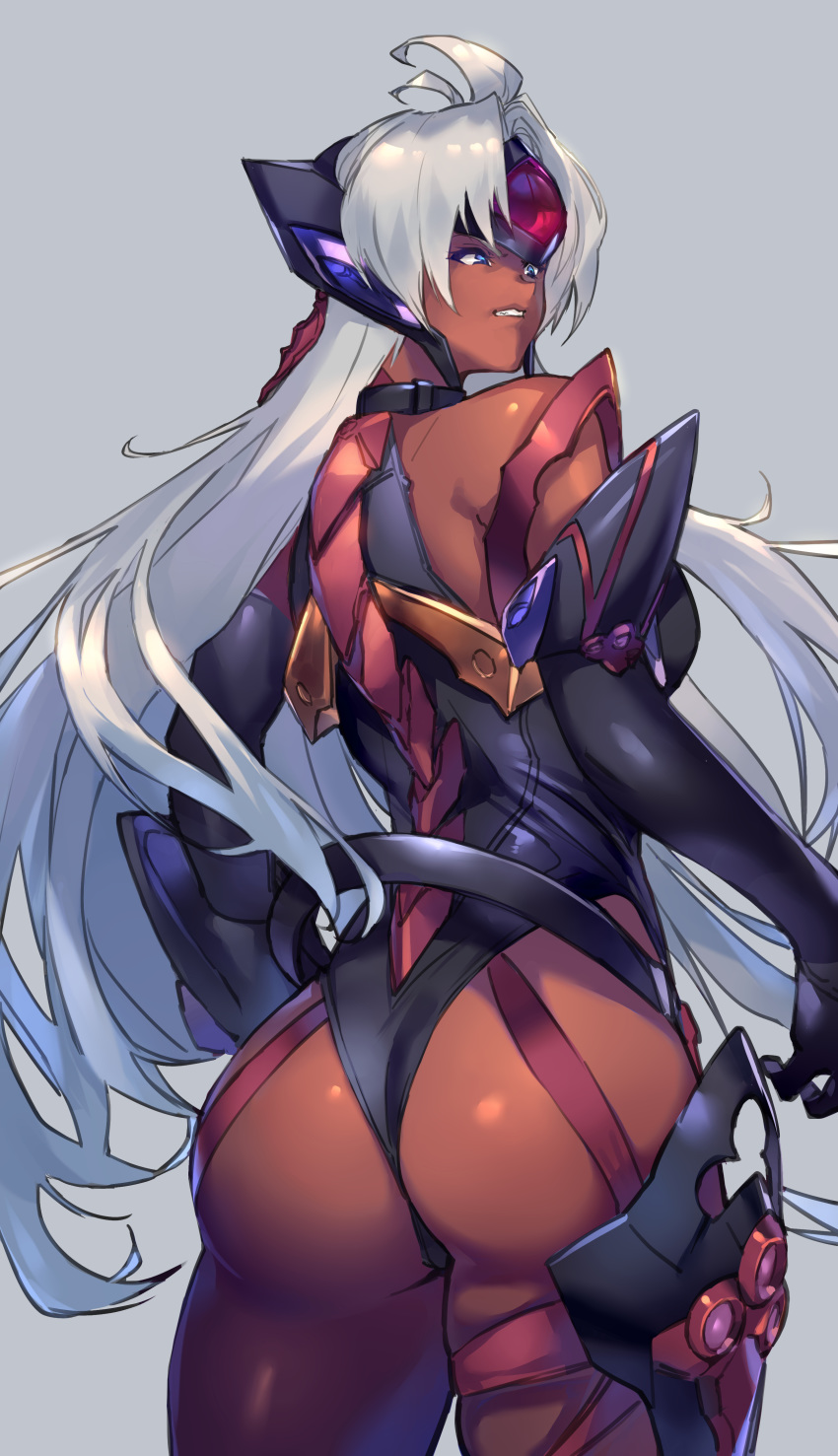 1girl absurdres ahoge android ass black_leotard blue_eyes breasts dark_skin elbow_gloves from_behind gloves grey_background headgear highres leotard long_hair medium_breasts negresco parted_lips shiny shiny_hair shiny_skin silver_hair simple_background solo standing t-elos teeth xenosaga xenosaga_episode_iii