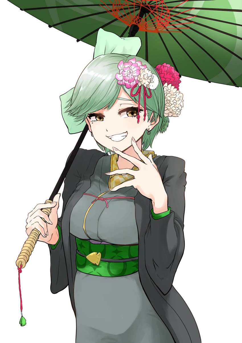 1girl absurdres aqua_ribbon breasts earrings fingernails flower gomesu_(gomes0343) green_hair green_umbrella grey_kimono grin hair_flower hair_ornament hair_ribbon haori highres holding holding_umbrella hotaru_(splatoon) humanization japanese_clothes jewelry kimono medium_breasts mole mole_under_eye obi oriental_umbrella pink_flower ribbon sash short_hair simple_background smile solo splatoon_(series) splatoon_2 teeth umbrella white_background white_flower yellow_eyes