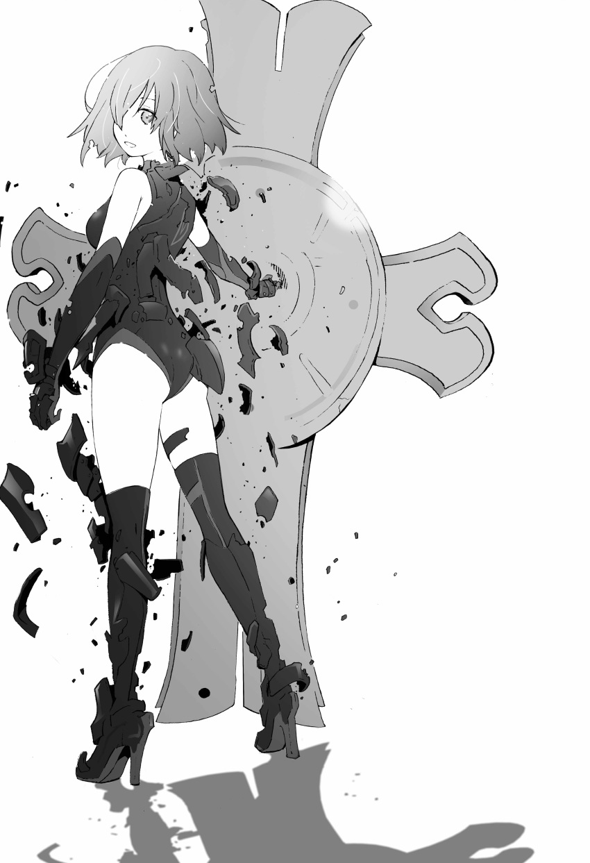 1girl absurdres armored_leotard boots elbow_gloves fate/grand_order fate_(series) floating_hair from_behind full_body gloves greyscale hair_over_one_eye high_heel_boots high_heels highres looking_at_viewer looking_back mash_kyrielight monochrome shattering shield short_hair simple_background sketch solo standing thighhighs white_background yoshinaga_yunosuke