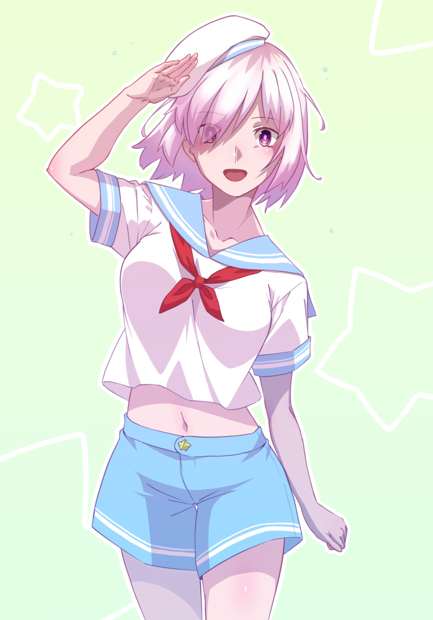 1girl :d alisa_crowny arm_up bangs blue_sailor_collar blue_shorts collarbone collared_shirt cowboy_shot eyebrows_visible_through_hair eyes_visible_through_hair fate/grand_order fate_(series) floating_hair hair_between_eyes hair_over_one_eye hat highres looking_at_viewer mash_kyrielight midriff navel neckerchief open_mouth pink_hair purple_eyes red_neckwear sailor_collar sailor_shirt shiny shiny_skin shirt short_hair short_shorts short_sleeves shorts simple_background smile solo standing stomach white_background white_headwear white_shirt