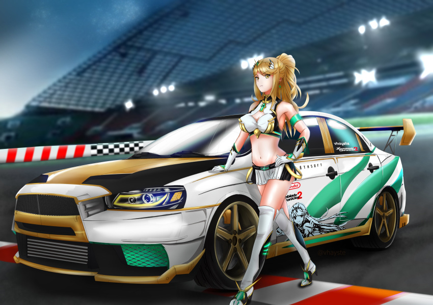 1girl absurdres alternate_hairstyle bangs bare_shoulders blonde_hair blurry blurry_background breasts car chest_jewel cleavage gloves ground_vehicle hand_on_hip high_heels highres hikari_(xenoblade_2) large_breasts logo microskirt midriff motor_vehicle navel nintendo outdoors ponytail race_queen racecar racetrack skirt solo spoiler_(automobile) swept_bangs thighhighs tiara vhayste white_gloves white_skirt xenoblade_(series) xenoblade_2 yellow_eyes