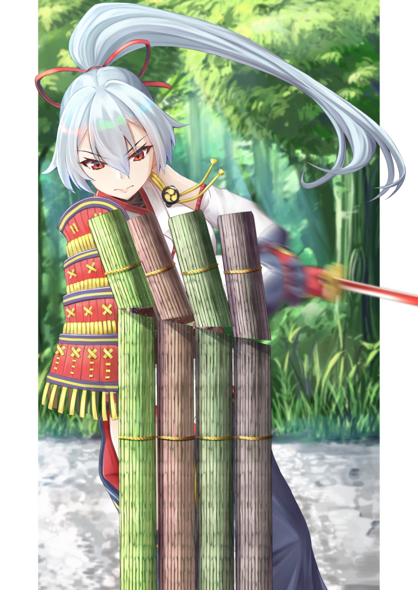 1girl black_undershirt blue_hakama border commentary_request cutting eyebrows_visible_through_hair fate/grand_order fate_(series) gloves hair_between_eyes hair_ribbon hakama highres hip_vent holding holding_sword holding_weapon japanese_clothes katana kimono long_hair mitsudomoe_(shape) motion_blur motsushi ponytail red_eyes red_gloves red_ribbon ribbon silver_hair solo sword tomoe_(symbol) tomoe_gozen_(fate/grand_order) weapon white_border white_kimono