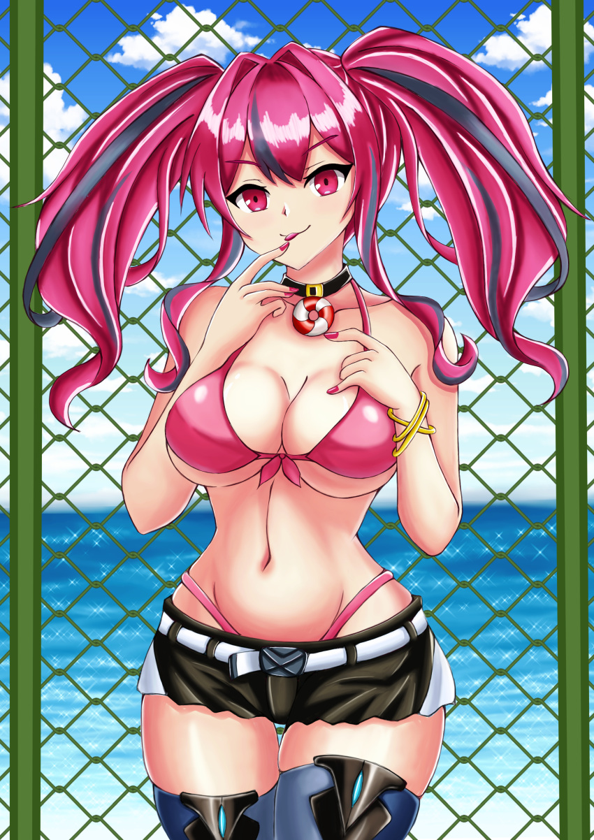 1girl :p absurdres azur_lane bangs bare_shoulders belt bikini black_collar black_shorts blue_legwear blue_sky blush bracelet breasts bremerton_(azur_lane) chain-link_fence cleavage cloud collar collarbone commentary cowboy_shot cutoffs day eyebrows_visible_through_hair fence finger_to_mouth front-tie_bikini front-tie_top grey_belt grey_hair groin hair_between_eyes hair_intakes hair_ornament hands_up highleg highleg_bikini highres jewelry large_breasts lifebuoy long_hair looking_at_viewer midriff multicolored_hair nail_polish navel no_jacket no_mole no_shirt ocean pink_bikini pink_eyes pink_hair pink_nails shiny shiny_clothes short_shorts shorts sidelocks skindentation sky smile solo standing streaked_hair swimsuit thigh_gap thighhighs tongue tongue_out twintails two-tone_hair two-tone_legwear underboob xiang_mulin