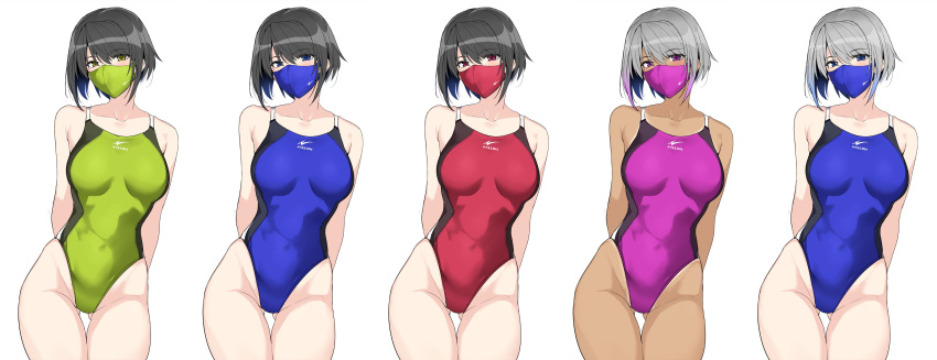 5girls absurdres arms_behind_back artist_name ass_visible_through_thighs bangs black_hair blue_eyes blue_swimsuit breasts collarbone commentary competition_school_swimsuit cowboy_shot eyebrows_visible_through_hair green_eyes green_swimsuit grey_eyes grey_hair hair_between_eyes harukon_(halcon) highres large_breasts looking_at_viewer mask mouth_mask multiple_girls one-piece_tan original parted_bangs purple_eyes purple_swimsuit red_eyes red_swimsuit short_hair silver_hair simple_background skin_tight solo swimsuit tan tanline thigh_gap thighs white_background