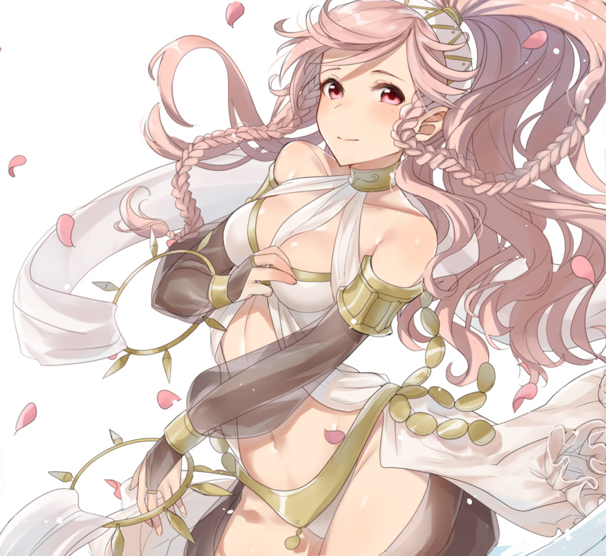 1girl armlet bangs blush braid breasts chakram cleavage closed_mouth commentary cowboy_shot dancer detached_sleeves dress eyelashes fire_emblem fire_emblem_awakening floating_hair haru_(nakajou-28) highres jewelry looking_at_viewer medium_breasts midriff navel neck_ring olivia_(fire_emblem) parted_bangs petals pink_eyes pink_hair ponytail revealing_clothes sash see-through_sleeves side_braids simple_background smile solo thighs twin_braids weapon white_background white_dress wind