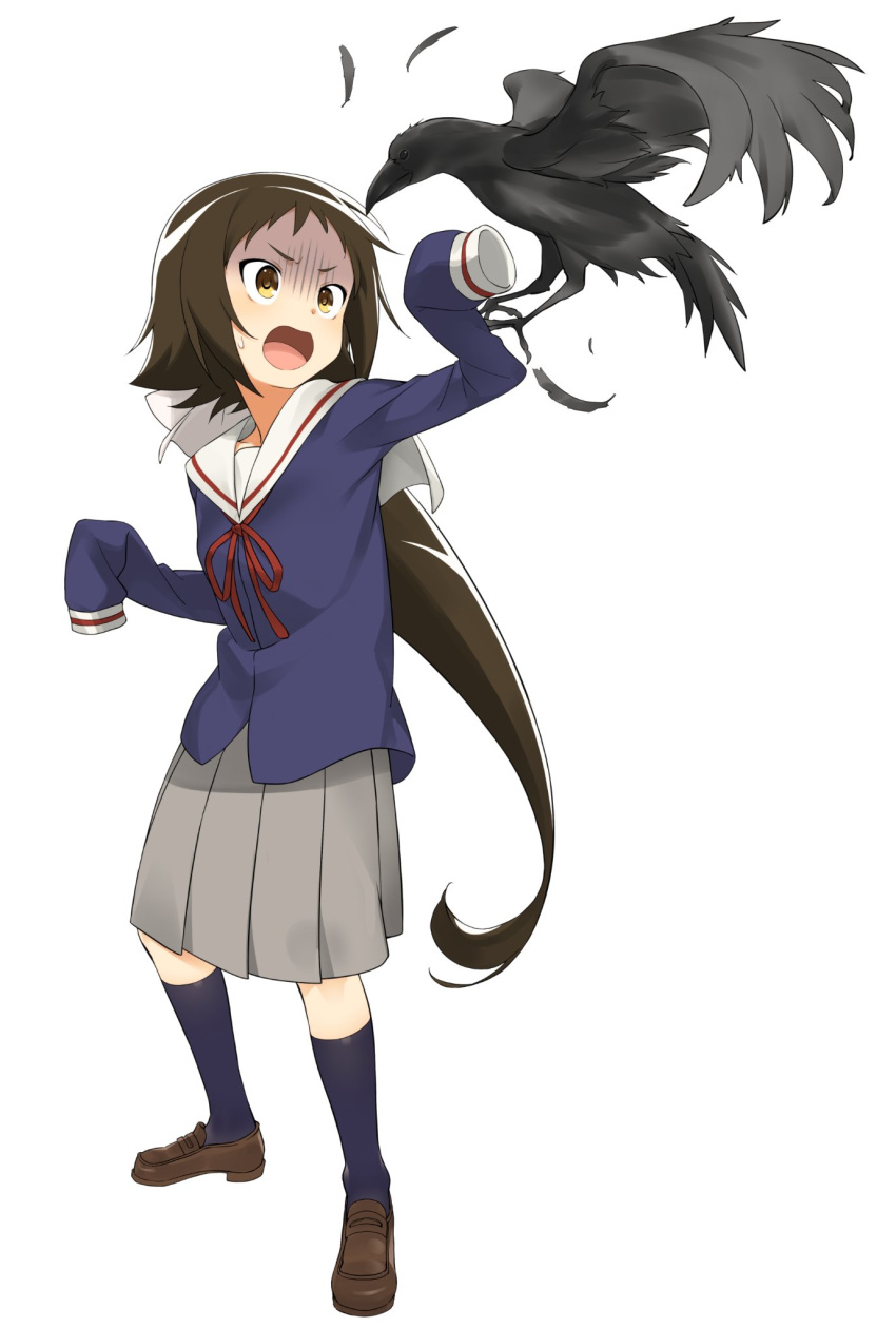 1girl attack bird brown_eyes brown_footwear brown_hair crow feathers grey_skirt hatakenaka_(kamagabuchi) highres kneehighs loafers long_hair mikakunin_de_shinkoukei mitsumine_mashiro navy_blue_legwear open_mouth pleated_skirt ponytail ribbon sailor_collar scared school_uniform shoes skirt sleeves_past_fingers sleeves_past_wrists solo sweatdrop very_long_hair white_background white_sailor_collar yellow_eyes