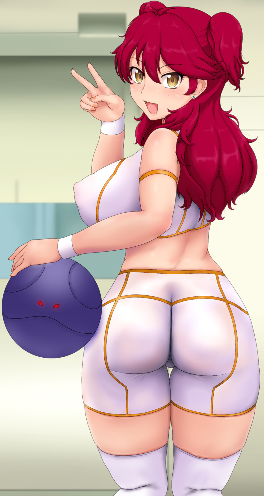 1girl absurdres ass bad_haro blush breasts commentary_request covered_nipples crop_top freckles from_behind gundam gundam_00 highres large_breasts long_hair looking_at_viewer looking_back nena_trinity open_mouth otohukebonne red_hair shiny shiny_hair shiny_skin shorts smile solo standing thighhighs two_side_up v white_legwear yellow_eyes