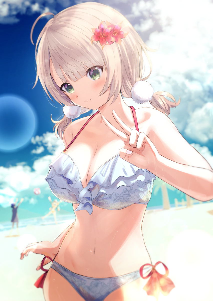 1girl absurdres ahoge bangs beach bikini blue_sky blurry blurry_background blush breasts cleavage closed_mouth cloud day flower green_eyes hair_flower hair_ornament highres kumamoto_nomii-kun large_breasts light_brown_hair looking_at_viewer low_twintails nail_polish navel outdoors pink_nails pom_pom_(clothes) shigure_ui_(channel) shigure_ui_(vtuber) short_hair sky smile solo swimsuit twintails v virtual_youtuber white_bikini