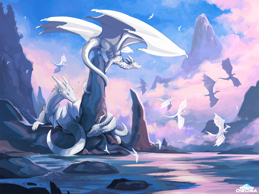 4:3 ambiguous_gender avian bird blue_eyes chromamancer cloud day dragon feral flying group hi_res horn looking_at_another lying membrane_(anatomy) membranous_wings mountain nature outside perched rock scales sky sleeping water white_body white_scales wings