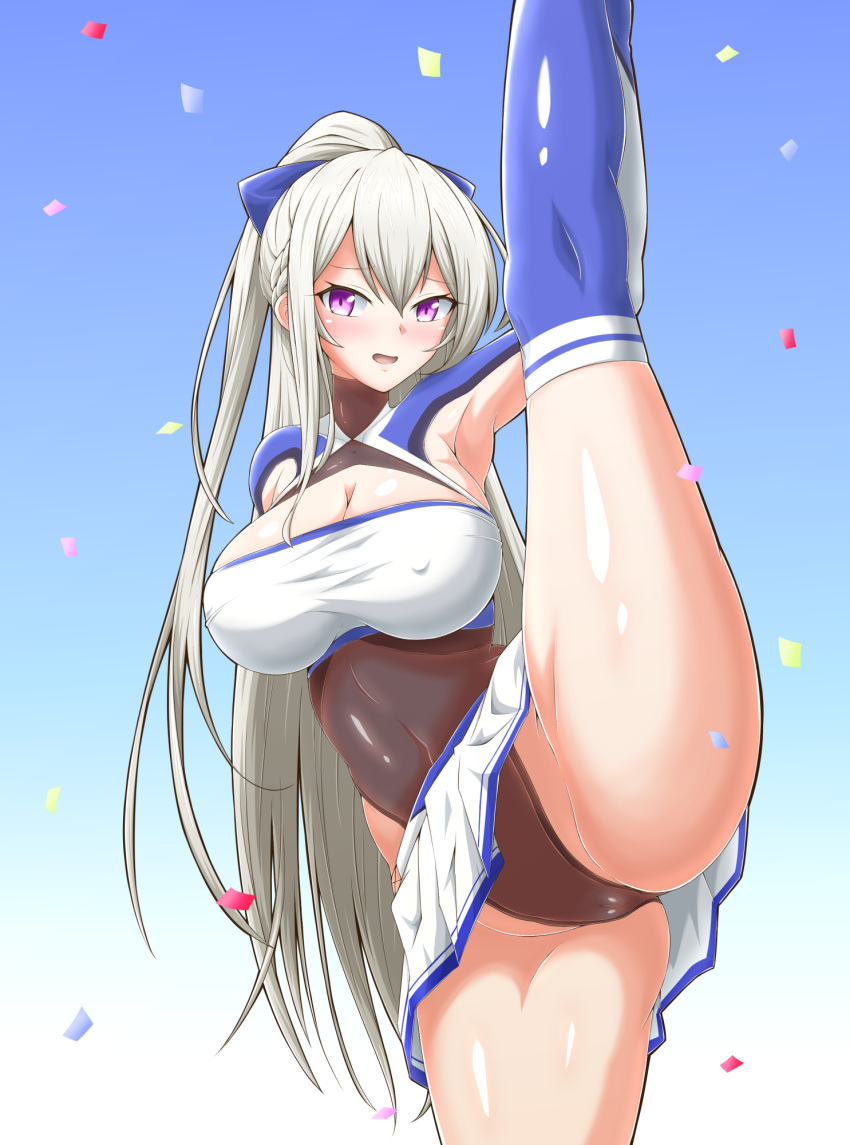 1girl :d armpit_cutout armpits ass azur_lane bangs blue_background blue_legwear blush bow braid breasts casablanca_(azur_lane) casablanca_(cheer_squad_on_break)_(azur_lane) cheerleader cleavage commentary_request confetti covered_collarbone covered_navel covered_nipples cowboy_shot crop_top gradient gradient_background groin hair_between_eyes hair_bow highres kozyosita large_breasts leg_grab leg_lift leg_up leotard leotard_under_clothes long_hair long_sleeves looking_at_viewer midriff miniskirt nose_blush open_mouth pleated_skirt purple_bow purple_eyes shiny shiny_skin sidelocks silver_hair simple_background skirt smile solo standing standing_on_one_leg thighhighs two-tone_skirt white_background white_skirt