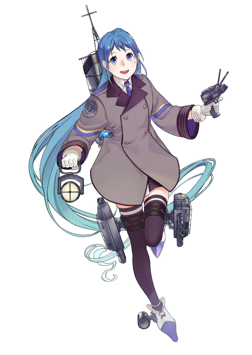 1girl absurdres adapted_turret bangs black_legwear blue_eyes blue_hair blue_neckwear cannon coat collared_shirt gloves gradient_hair grey_coat highres kantai_collection long_hair looking_at_viewer machinery multicolored_hair neckerchief original_remodel_(kantai_collection) samidare_(kantai_collection) searchlight shirt simple_background smile smokestack solo swept_bangs thighhighs torpedo_launcher turret uyama_hajime very_long_hair white_background white_gloves