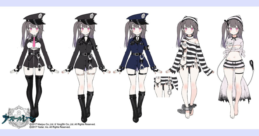 1girl azur_lane black_hair blush breasts byulzzimon chain concept_art cuffs hat long_hair long_sleeves looking_at_viewer official_art pamiat_merkuria_(azur_lane) pamiat_merkuria_(caged_minx)_(azur_lane) prison prison_clothes shirt uniform
