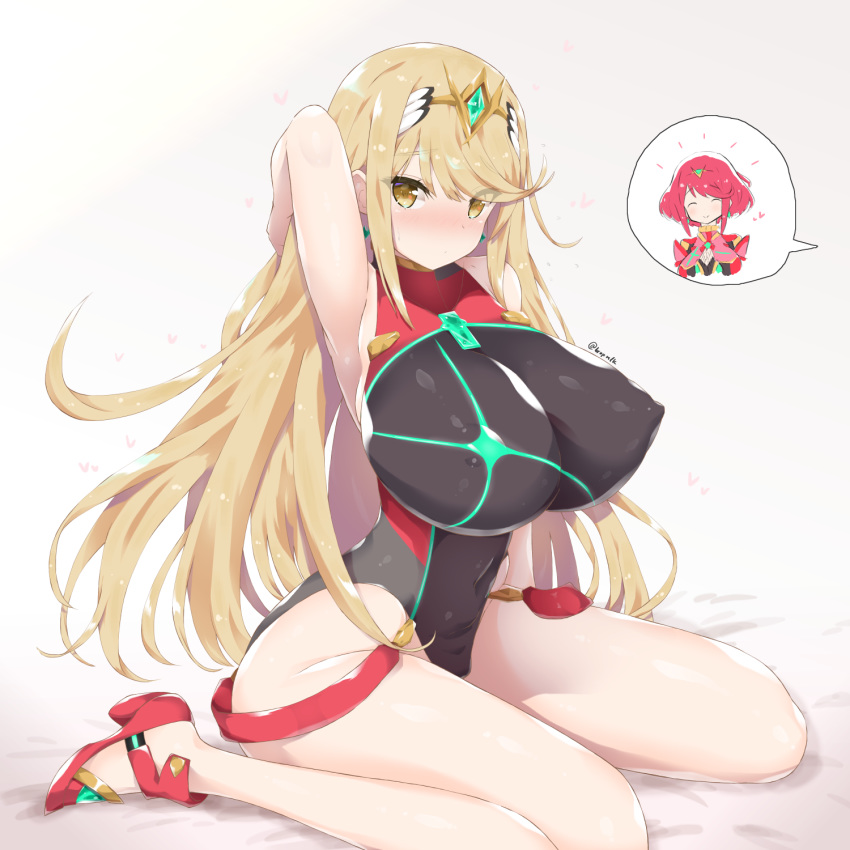 1girl alternate_costume bea_(adfhbcf4326) breasts bropmlk cleavage competition_swimsuit cosplay dual_persona earrings gem hair_ornament headpiece high_heels highres hikari_(xenoblade_2) homura_(xenoblade_2) homura_(xenoblade_2)_(cosplay) huge_breasts jewelry kneeling long_hair one-piece_swimsuit pose red_footwear red_hair swimsuit tiara very_long_hair xenoblade_(series) xenoblade_2 yellow_eyes