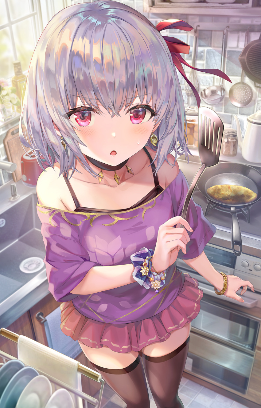 1girl backlighting bangs bare_shoulders black_legwear blush bracelet breasts choker collarbone contemporary dishrack earrings fate/grand_order fate_(series) floral_print hair_between_eyes hair_ribbon highres jar jewelry kama_(fate/grand_order) kettle kitchen ladle looking_at_viewer off-shoulder_shirt off_shoulder omelet oven plate purple_shirt purple_skirt red_eyes ribbon scrunchie shirt short_hair short_sleeves silver_hair sink skillet skirt small_breasts spatula stove thighhighs thighlet thighs torino_akua whisk window wrist_scrunchie