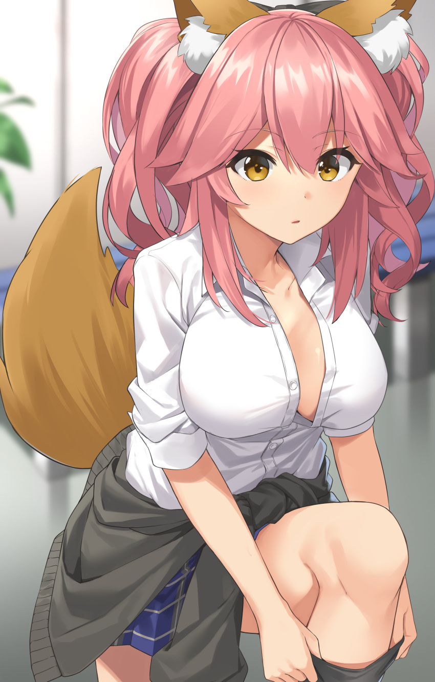 1girl absurdres adjusting_clothes adjusting_legwear animal_ear_fluff animal_ears bangs black_legwear blue_skirt blurry blurry_background breasts brown_eyes clothes_around_waist collarbone commentary eyebrows_visible_through_hair fate/extella fate/extra fate_(series) foreshortening fox_ears fox_tail hair_between_eyes highres jacket_around_waist large_breasts leg_up long_hair looking_at_viewer no_bra open_clothes open_shirt parted_lips pink_hair plaid plaid_skirt shirt skirt solo suiroh_(shideoukami) tail tail_raised tamamo_(fate)_(all) tamamo_jk_(fate) thighs white_shirt