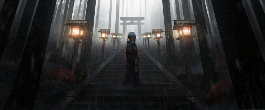 asuteroid dark idolmaster_shiny_colors morino_rinze rain stairs torii water