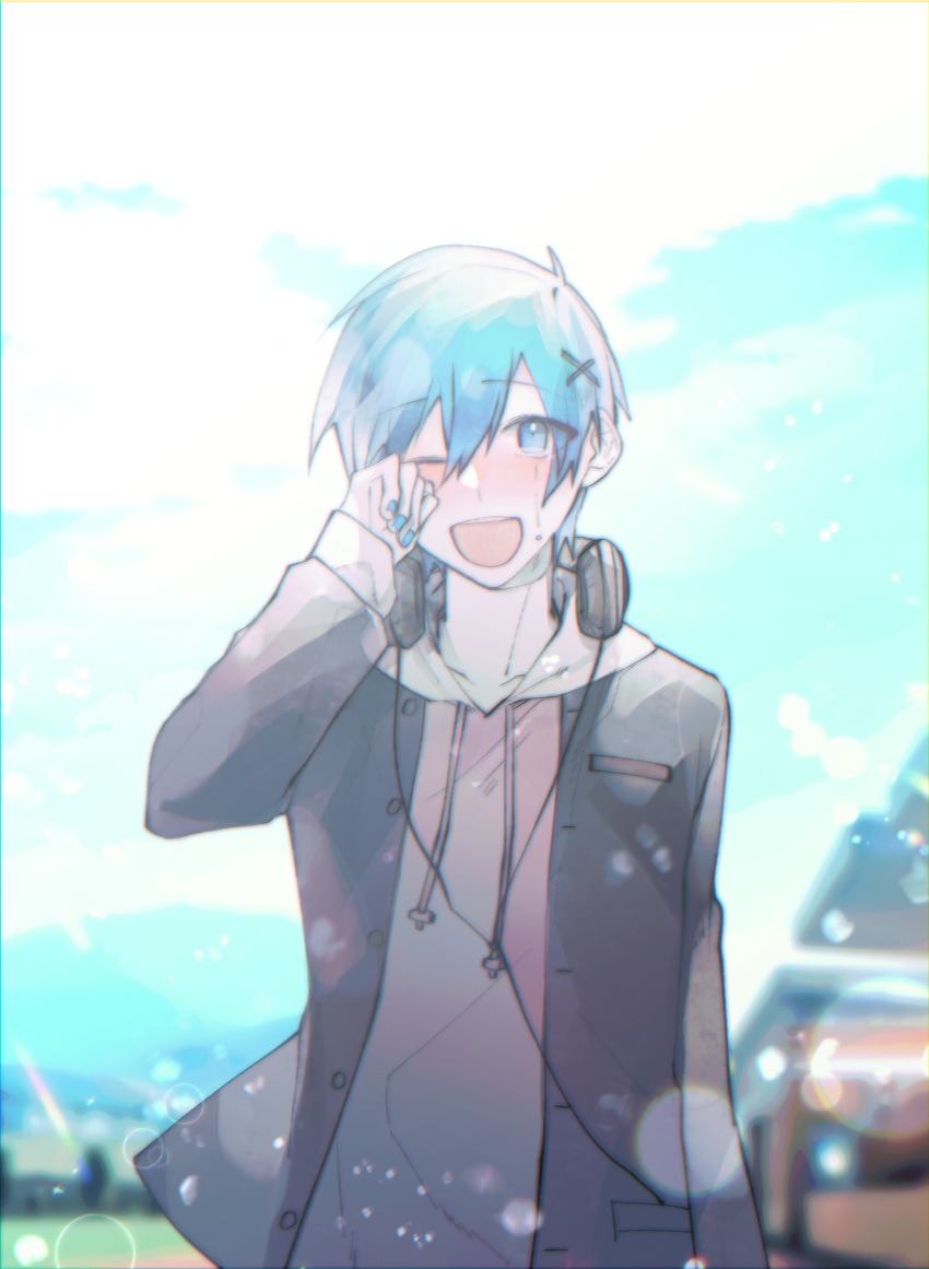 1boy binggwaryu black_jacket blue_eyes blue_hair blue_nails blue_sky blurry blurry_background blush cable crying crying_with_eyes_open day drawstring hair_ornament hairclip hand_up headphones headphones_around_neck highres hood hoodie jacket kaito lens_flare looking_at_viewer male_focus mountainous_horizon nail_polish one_eye_closed outdoors project_diva_(series) school_uniform_parka_(module) sky smile standing tears upper_body vocaloid wiping_tears