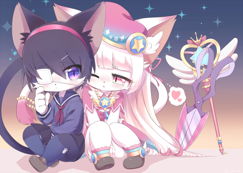 2girls ^_^ animal_ears bangs black_hair blunt_bangs blush cat_busters cat_ears cat_tail closed_eyes closed_mouth commentary_request dress eyepatch furry hairband heart jewelry kirahoshi_(cat_busters) long_hair long_sleeves multiple_girls myaruru_(cat_busters) necklace open_mouth parted_lips pink_dress pink_eyes pink_headwear pleated_skirt purple_eyes sailor_collar school_uniform scissors serafuku shoes short_hair short_sleeves simple_background skirt slit_pupils smile snout staff syuya tail thought_bubble white_background white_hair yuri