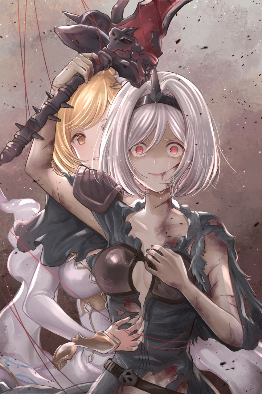 2girls absurdres alter_ego_conjurer_(granblue_fantasy) arm_up blonde_hair blood bob_cut brown_eyes cleavage_cutout commentary_request crazy_eyes djeeta_(granblue_fantasy) dual_persona flower granblue_fantasy hair_flower hair_ornament hairband highres huge_filesize injury looking_at_viewer multiple_girls nail_polish puppet_strings red_eyes shoulder_pads silver_hair spiked_hairband spikes sword takanishi_takashi tears the_glory torn_clothes weapon