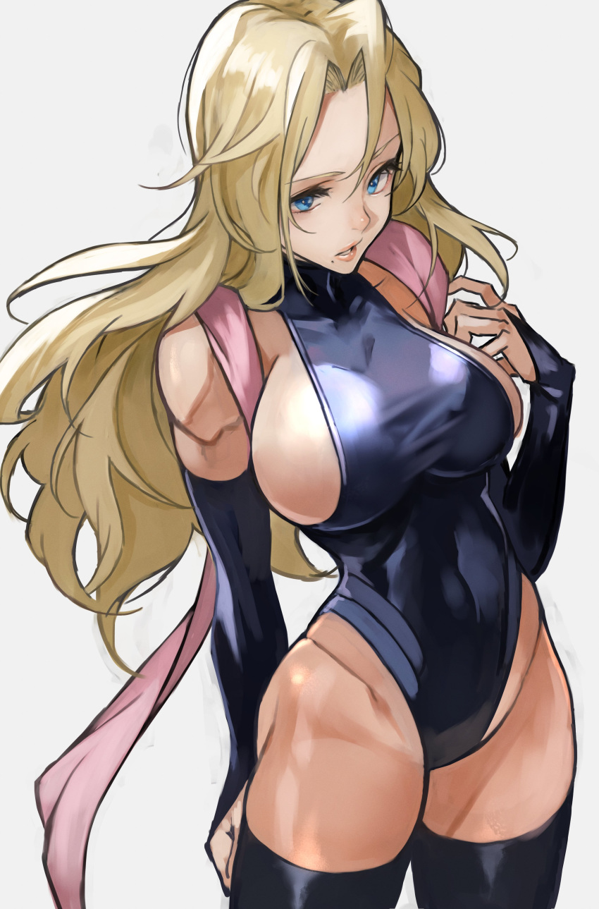 1girl 55level absurdres bangs bare_shoulders black_legwear black_leotard bleach blonde_hair breasts bridal_gauntlets commentary_request covered_collarbone grey_background hand_up highleg highleg_leotard highres leotard lips long_hair matsumoto_rangiku medium_breasts mole mole_under_mouth parted_lips shiny shiny_clothes shiny_skin simple_background skin_tight sleeveless solo standing strapless strapless_leotard thighhighs