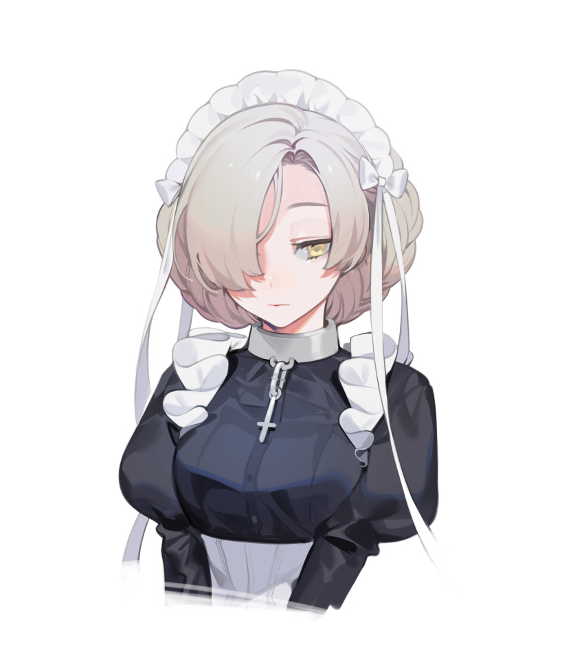 1girl absurdres azur_lane blonde_hair breasts expressionless frills hair_over_one_eye highres looking_at_viewer maid maid_headdress ohisashiburi sheffield_(azur_lane) simple_background solo white_background yellow_eyes