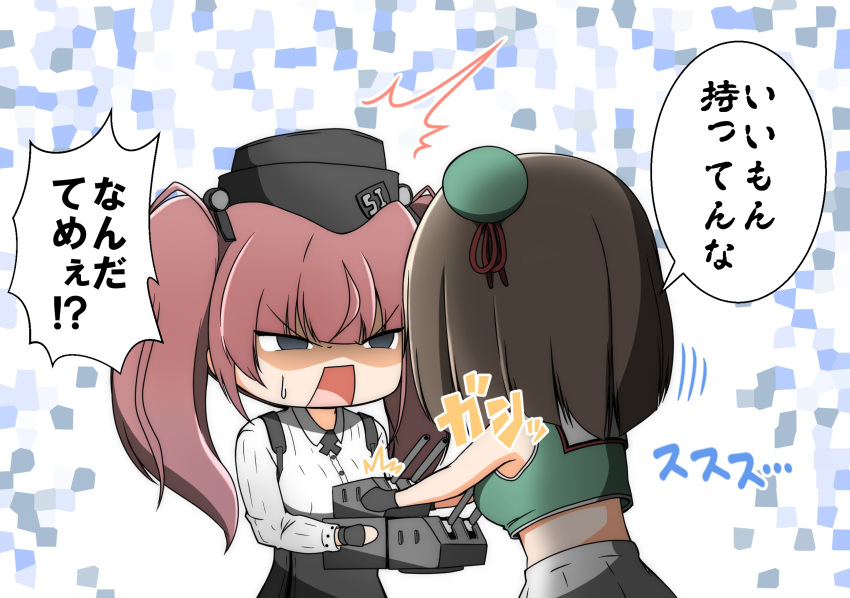 2girls angry atlanta_(kantai_collection) beret brown_hair commentary commentary_request fingerless_gloves gameplay_mechanics gloves green_shirt grey_eyes hat headgear highres holding holding_weapon kantai_collection kuroyaki_soba long_sleeves maya_(kantai_collection) midriff mini_hat multiple_girls narrowed_eyes open_mouth shaded_face shirt short_hair skirt sleeveless sleeveless_shirt suspenders sweatdrop translation_request turret two_side_up weapon white_shirt white_skirt