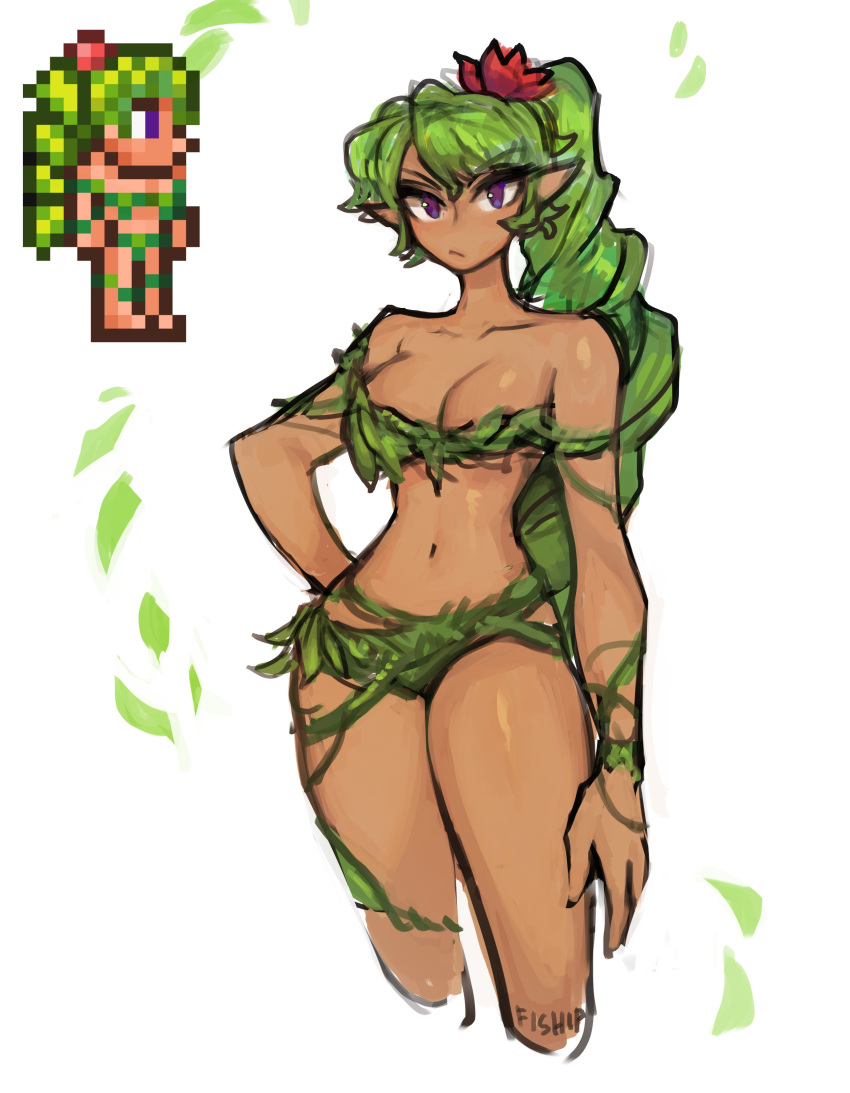 1girl :/ absurdres bare_shoulders breasts collarbone commentary cowboy_shot cropped_legs dark_skin dryad dryad_(terraria) english_commentary eyebrows_visible_through_hair flower frown green_hair hair_flower hair_ornament hand_on_hip highres long_hair looking_at_viewer matilda_fiship medium_breasts navel pixel_art plant pointy_ears ponytail purple_eyes simple_background solo terraria v-shaped_eyebrows very_long_hair vines white_background