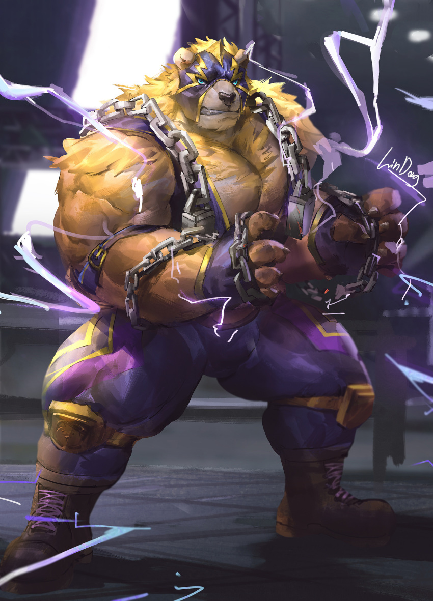 2020 absurd_res anthro clothed clothing digital_media_(artwork) fur gloves handwear hi_res league_of_legends lindong male mammal mask muscular riot_games solo ursid video_games volibear