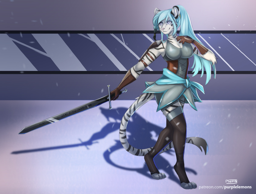 anthro bastard_sword blue_eyes blue_hair clothing felid female fighting_pose hair legwear mammal pantherine pinup pose purplelemons sapphire_(hunterx90) solo stockings tiger