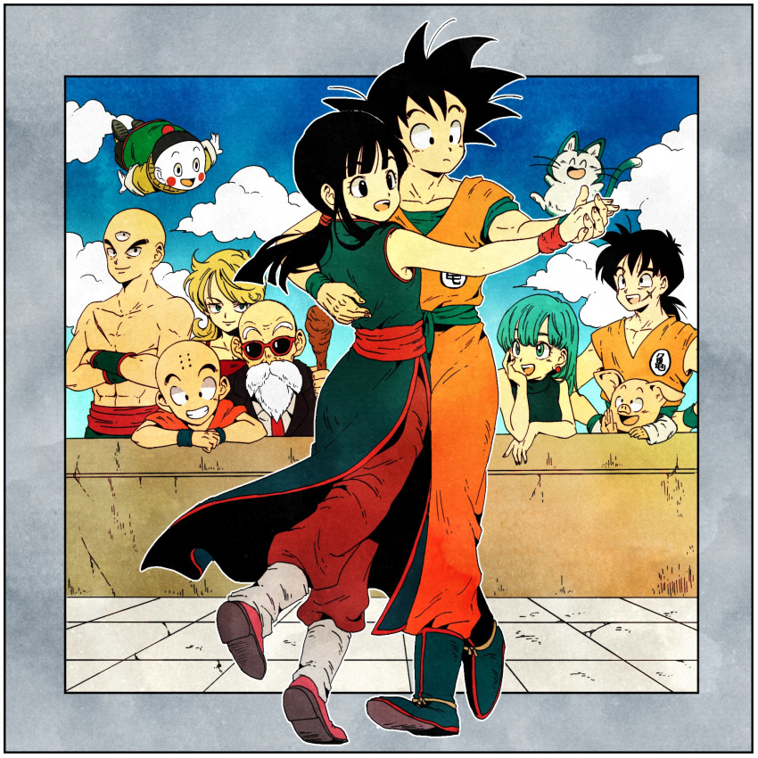 3girls 6+boys abs arena bald bangs beard black_eyes black_hair blonde_hair blue_eyes blue_footwear blue_hair blue_sky blunt_bangs boots border brick_wall bulma chaozu chi-chi_(dragon_ball) china_dress chinese_clothes clenched_teeth closed_mouth cloud cloudy_sky couple crack cracked_wall crossed_arms curly_hair dancing day dot_nose dougi dragon_ball dragon_ball_(classic) dress earrings elbow_rest expressionless facial_hair facial_scar fingernails floating_hair flying formal full_body glasses grey_border grin hand_on_another's_back hand_on_own_chin hands_on_hips happy hetero highres holding_hands jewelry kuririn looking_afar lunch_(dragon_ball) multiple_boys multiple_girls mustache muten_roushi necktie oolong outdoors outside_border ponytail puar red-framed_eyewear red_neckwear scar scar_on_cheek shirtless sidelocks sky sleeveless sleeveless_dress smile son_gokuu spiked_hair straight_hair suit sunglasses teeth tenshinhan third_eye toritoki_(trig_tkdb) upper_teeth wall wristband yamcha