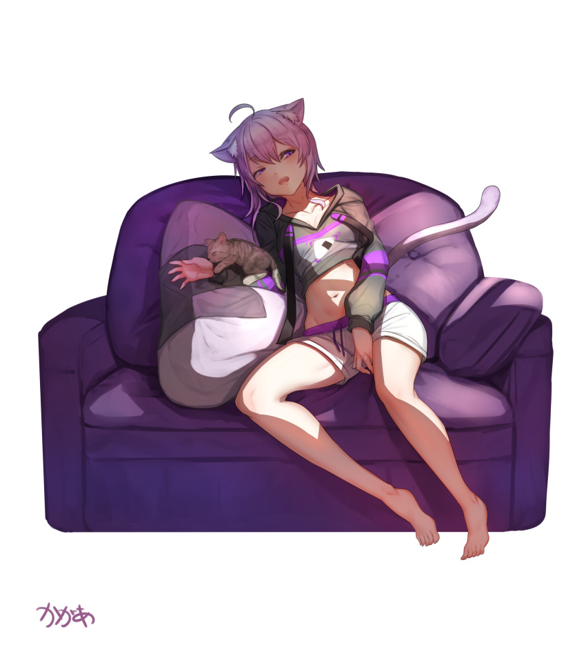1girl absurdres adapted_costume ahoge animal_ear_fluff animal_ears arpeggio_kaga artist_name bare_legs barefoot between_legs black_hoodie breasts cat cat_ears cat_tail cleavage collarbone commentary couch eyebrows_visible_through_hair food full_body groin hair_between_eyes half-closed_eyes hand_between_legs highres hololive kitten lavender_hair long_sleeves looking_at_viewer medium_breasts midriff navel nekomata_okayu onigiri onigiri_print open_mouth pillow purple_eyes short_hair short_shorts shorts signature simple_background sitting smile solo tail thighs virtual_youtuber white_background white_shorts