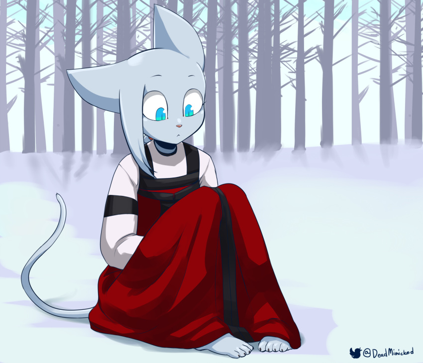 2019 anthro blue_body blue_eyes blue_fur claws clothed clothing deadmimicked detailed_background domestic_cat dress feet felid feline felis female forest fur hair hi_res humanoid_feet mammal mimicp nature on_ground outside plantigrade ponytail signature sitting slavcat snow solo tree winter
