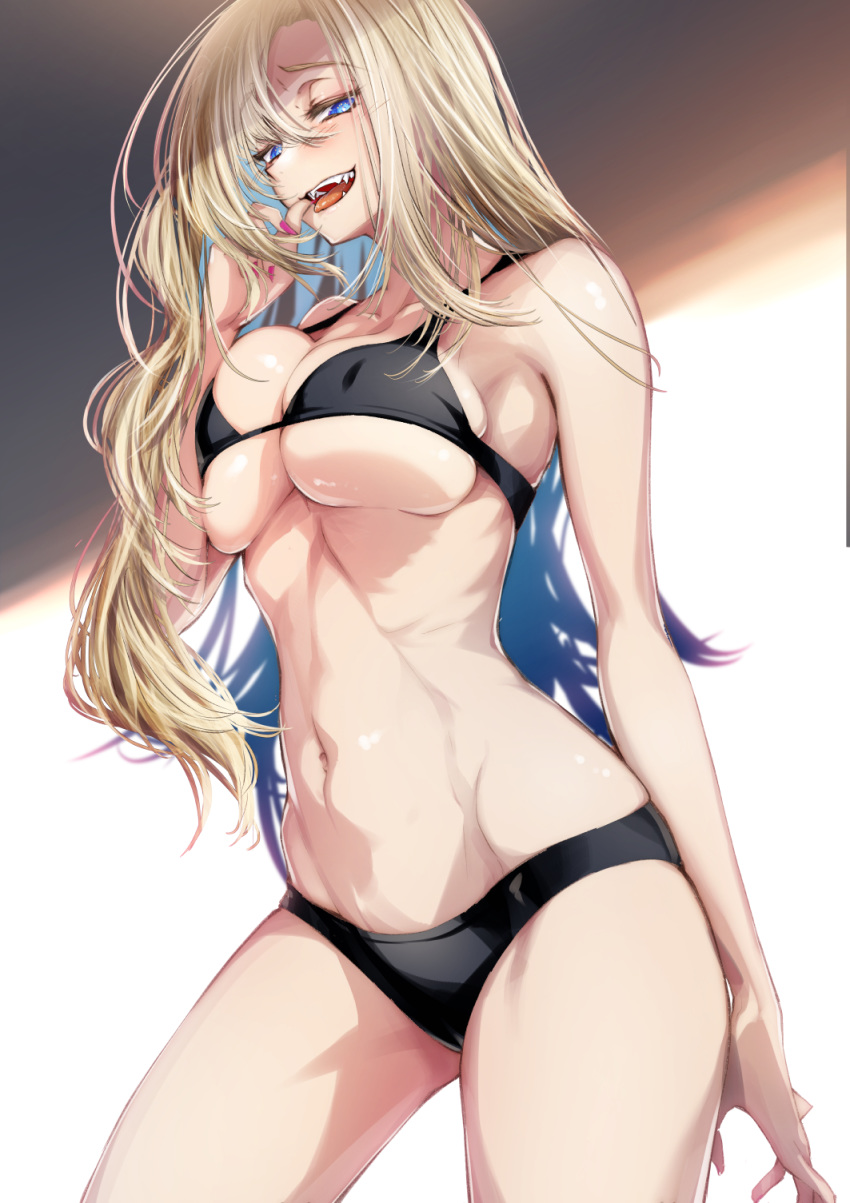 1girl :d bangs bare_shoulders bikini black_bikini blonde_hair blue_eyes blush breasts cleavage cluseller collarbone covered_nipples cowboy_shot eyebrows_visible_through_hair eyelashes fangs finger_to_mouth fingernails groin hair_between_eyes half-closed_eyes hand_up highres large_breasts legs_apart long_fingernails long_hair looking_at_viewer micro_bikini midriff navel open_mouth original purple_nails shiny shiny_skin sidelocks skindentation smile solo standing stomach swimsuit tongue tongue_out underboob very_long_hair