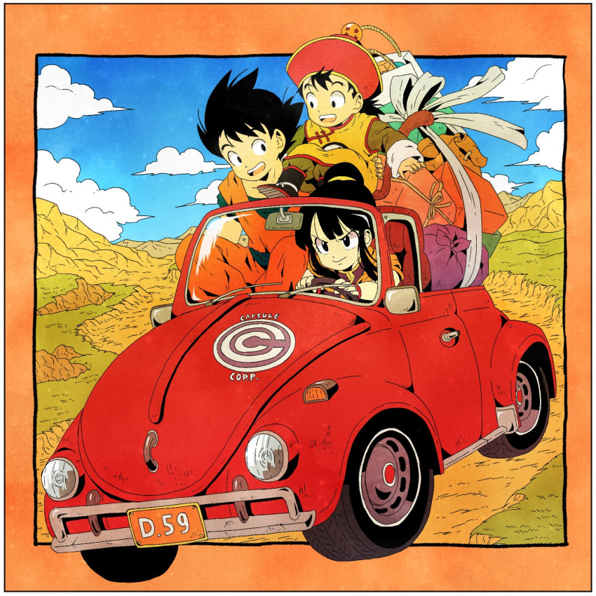 1girl 2boys :d arm_support bag bangs bare_arms bare_shoulders black_eyes black_hair blue_sky blunt_bangs border box bracelet capsule_corp car chi-chi_(dragon_ball) cloud cloudy_sky convertible couple day dougi dragon_ball dragon_ball_(object) dragon_ball_z driving family father_and_son fingernails floating_hair full_body grass ground_vehicle hair_bun hand_on_another's_waist happy hat hetero highres jewelry long_sleeves looking_afar looking_at_another messy_hair monkey_tail mother_and_son motor_vehicle mountain multiple_boys nature neckerchief open_mouth orange_border orange_neckwear outdoors outside_border package red_headwear rock shopping_bag sidelocks sitting sitting_on_person sitting_on_shoulder sky smile son_gohan son_gokuu tail teeth toritoki_(trig_tkdb) upper_teeth v-shaped_eyebrows