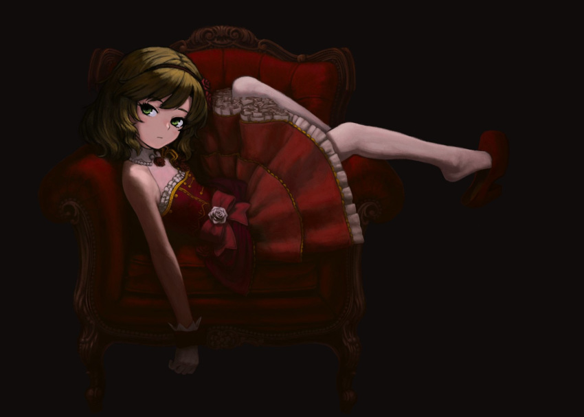 1girl armchair bare_shoulders blonde_hair blush bow chair collar commentary_request dark dress expressionless flower frilled_dress frills full_body gloves gold_trim green_eyes hair_flower hair_ornament hairband high_heels highres idolmaster idolmaster_cinderella_girls idolmaster_cinderella_girls_starlight_stage jewelry looking_at_viewer necklace pantyhose pearl_necklace red_bow red_dress rose sakurai_momoka shoe_dangle short_hair sitting solo tyubei7716 wavy_hair white_gloves white_legwear wrist_bow