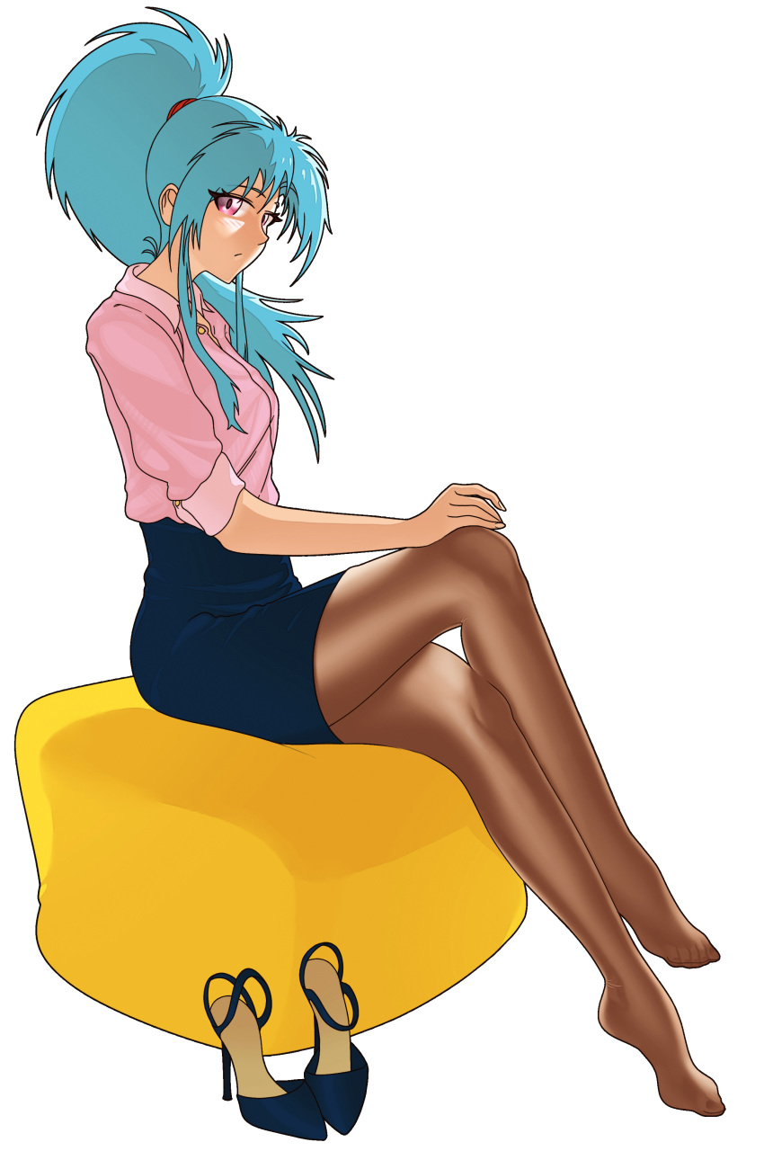 1girl absurdres black_skirt blue_hair botan_(yuu_yuu_hakusho) brown_legwear drawfag full_body high_heels highres long_hair pantyhose pencil_skirt pink_shirt ponytail shirt shoes_removed sidelocks simple_background sitting skirt solo yuu_yuu_hakusho