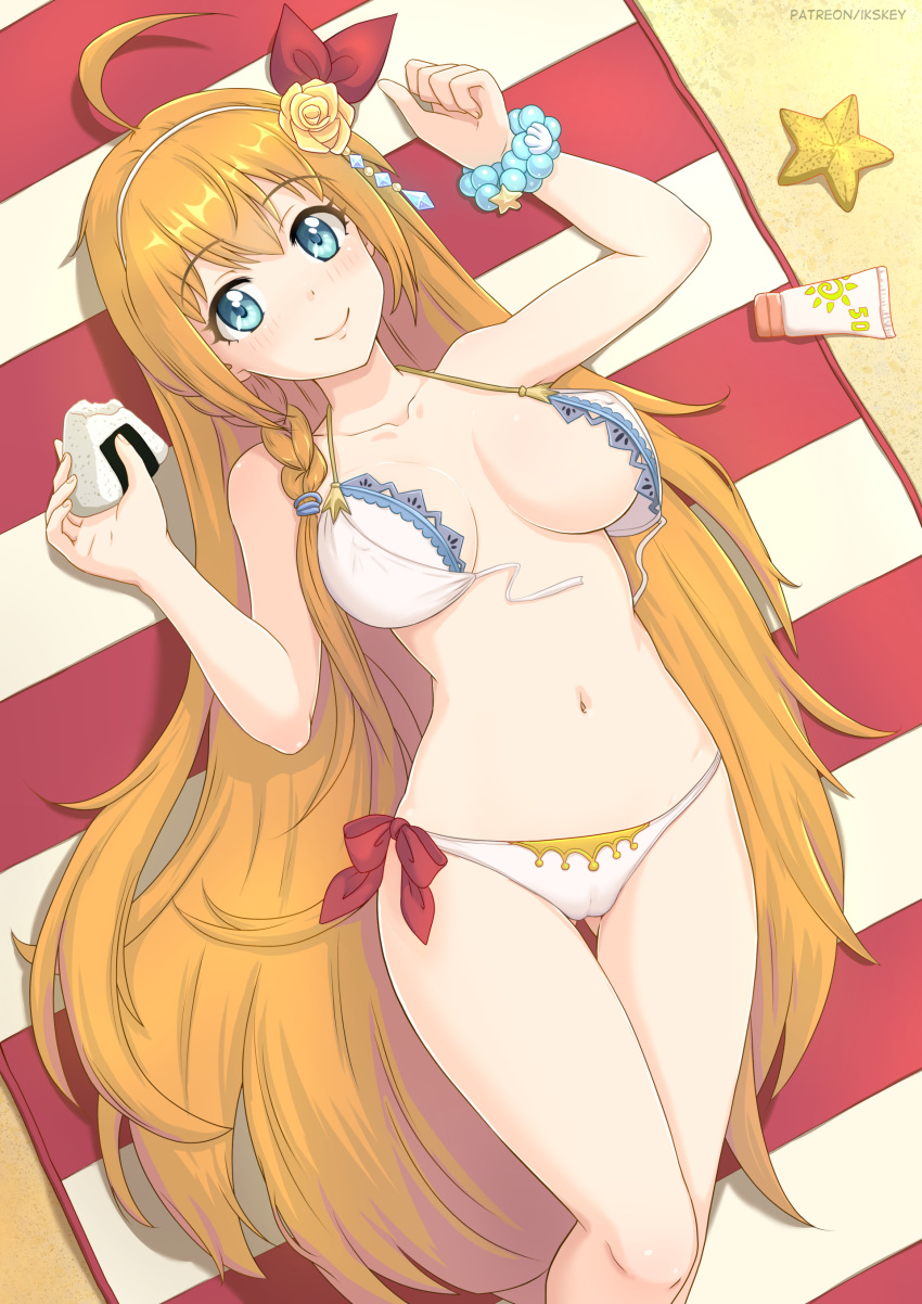1girl absurdres ahoge ass_visible_through_thighs bangs bikini blanket blonde_hair blue_eyes braid breasts breasts_apart cameltoe collarbone commentary eyebrows_visible_through_hair flower food from_above front-tie_bikini front-tie_top hair_flower hair_ornament highres holding holding_food huyase large_breasts long_hair looking_at_viewer lying mixed-language_commentary navel on_back onigiri patreon_username pecorine princess_connect! princess_connect!_re:dive side_braid smile solo starfish stomach swimsuit thigh_gap untied untied_bikini very_long_hair