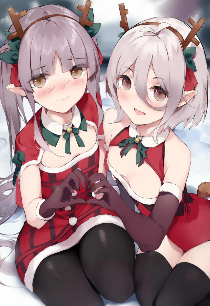 2girls :d animal_ears antlers bangs bell black_legwear blunt_bangs blush bow brown_eyes brown_gloves brown_hairband capelet closed_mouth commentary_request dress elbow_gloves eyebrows_visible_through_hair fake_animal_ears fake_tail fur-trimmed_capelet fur-trimmed_dress fur-trimmed_gloves fur_trim gloves green_bow grey_hair hair_between_eyes hairband heart heart_hands heart_hands_duo highres jingle_bell kokkoro_(princess_connect!) kyouka_(princess_connect!) multiple_girls niii_(memstapak) nose_blush open_mouth pantyhose pointy_ears princess_connect! princess_connect!_re:dive red_capelet red_dress reindeer_antlers reindeer_tail santa_costume smile tail thighhighs