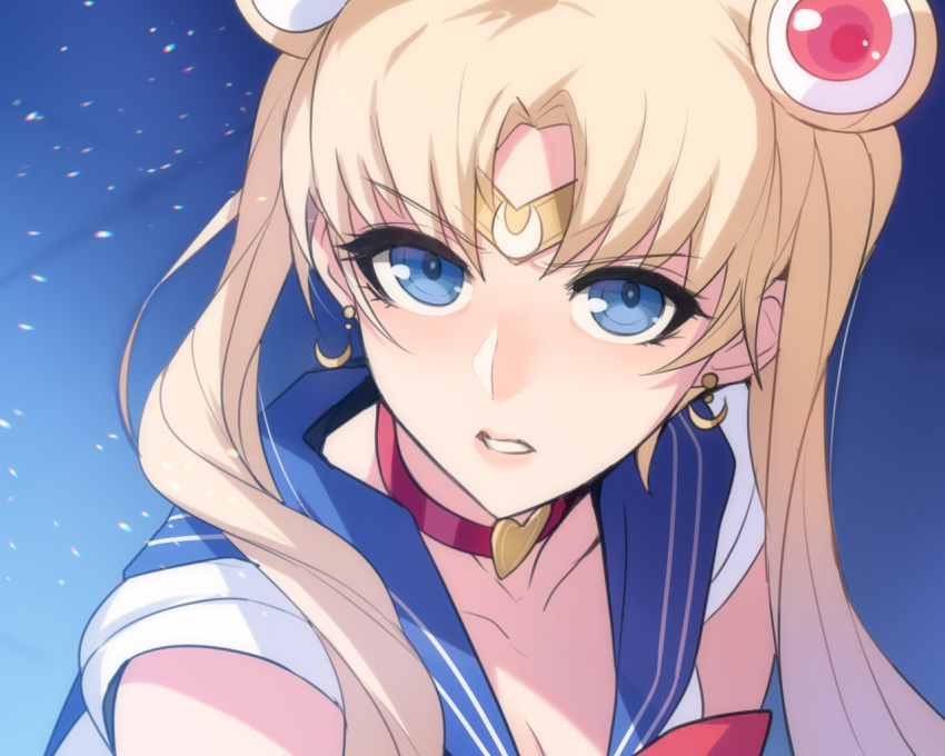 1girl ban bishoujo_senshi_sailor_moon blonde_hair blue_eyes choker inner_senshi juuban_high_school_uniform red_choker sailor_moon sailor_moon_redraw_challenge sailor_senshi sailor_senshi_uniform school_uniform tsukino_usagi twintails