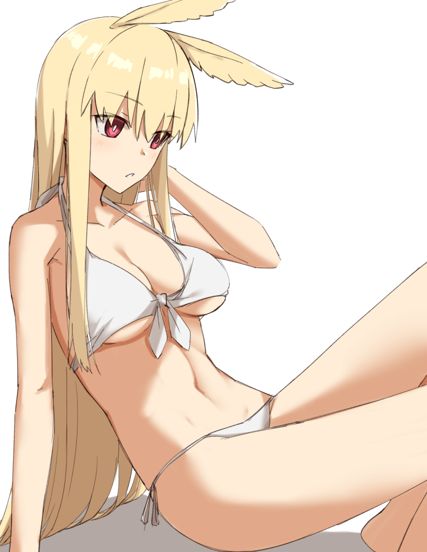 1girl bangs bare_shoulders bikini blonde_hair blush breasts cleavage collarbone elfenlied22 fate/grand_order fate_(series) head_wings highres knees_up large_breasts long_hair navel red_eyes simple_background sitting swimsuit thighs thrud_(fate/grand_order) valkyrie_(fate/grand_order) white_background white_bikini