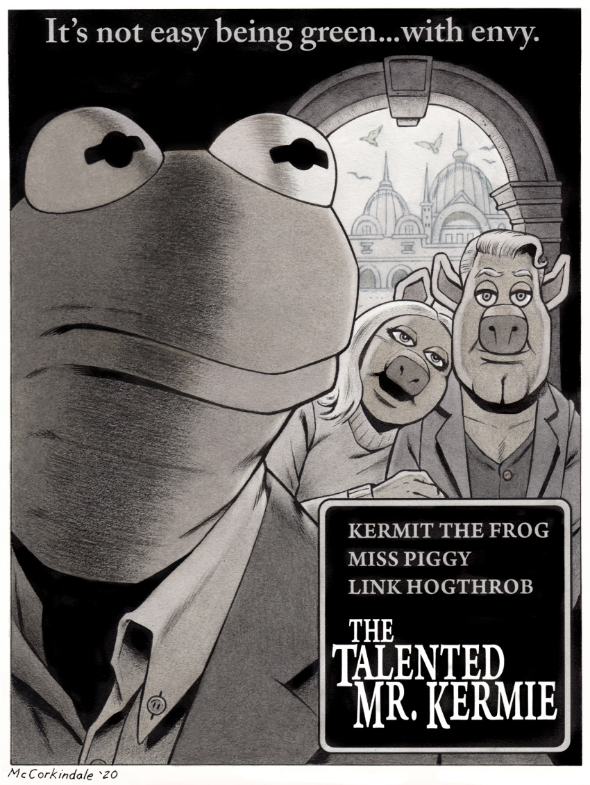 2020 amphibian anthro avian bird black_and_white border bruce_mccorkindale clothing coat crossover domestic_pig dress_shirt english_text female frog greyscale group hi_res jealous kermit_the_frog link_hogthrob looking_at_viewer looking_back male male/female mammal miss_piggy monochrome movie_poster muppet muppets parody shirt signature snout suid suina sus_(pig) tagline text the_talented_mr._ripley topwear white_border