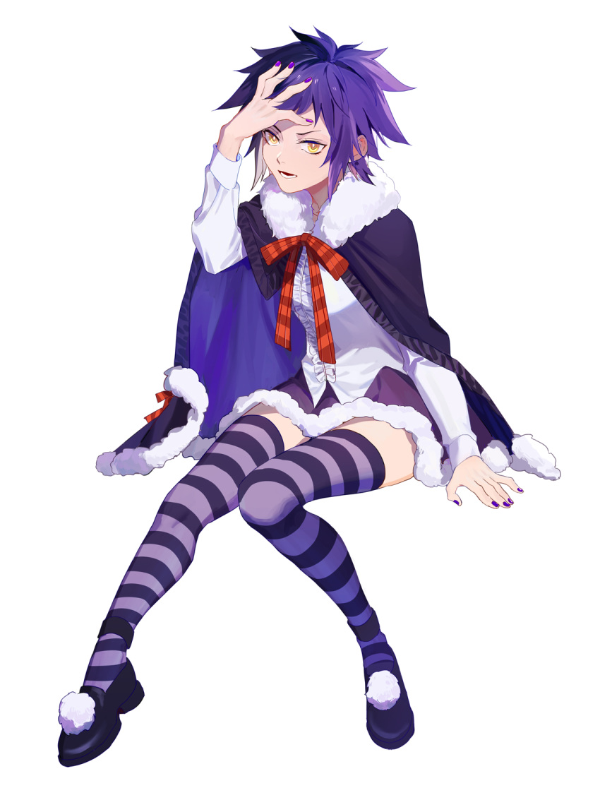 1girl :d black_cape black_footwear cape d.gray-man dress_shirt full_body fur-trimmed_cape fur-trimmed_skirt fur_trim highres invisible_chair miniskirt nail_polish neck_ribbon ninebirds open_mouth purple_hair purple_nails purple_skirt red_ribbon ribbon road_kamelot shirt short_hair simple_background sitting skirt smile solo spiked_hair striped striped_legwear thigh_gap thighhighs white_background white_shirt yellow_eyes zettai_ryouiki