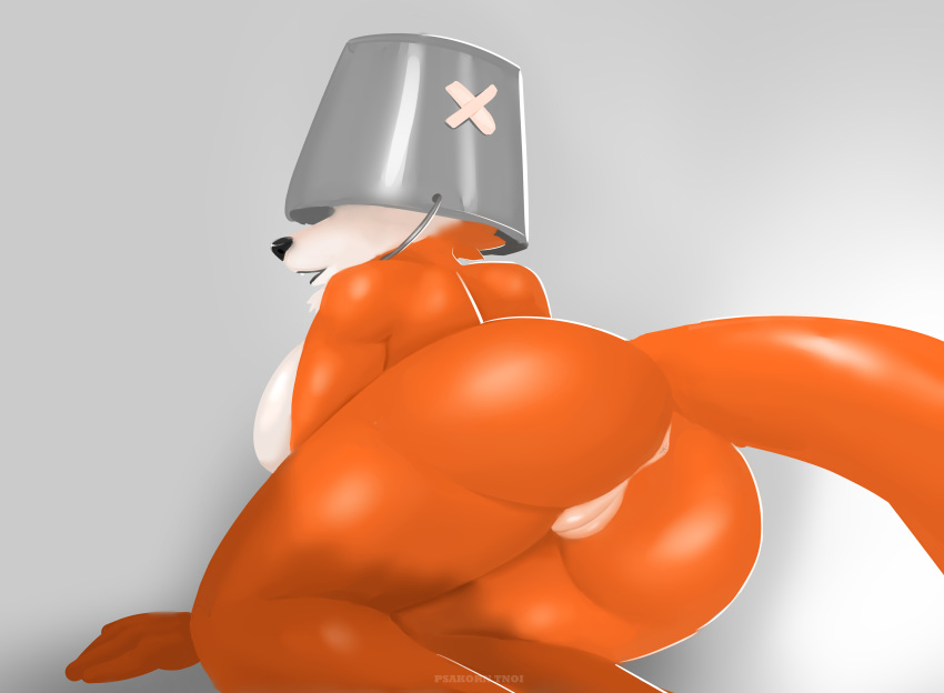 absurd_res anthro anus bucket bucket_hat butt canid canine female fox genitals hi_res mammal plaster psakorn_tnoi pussy rear_view simple_background solo