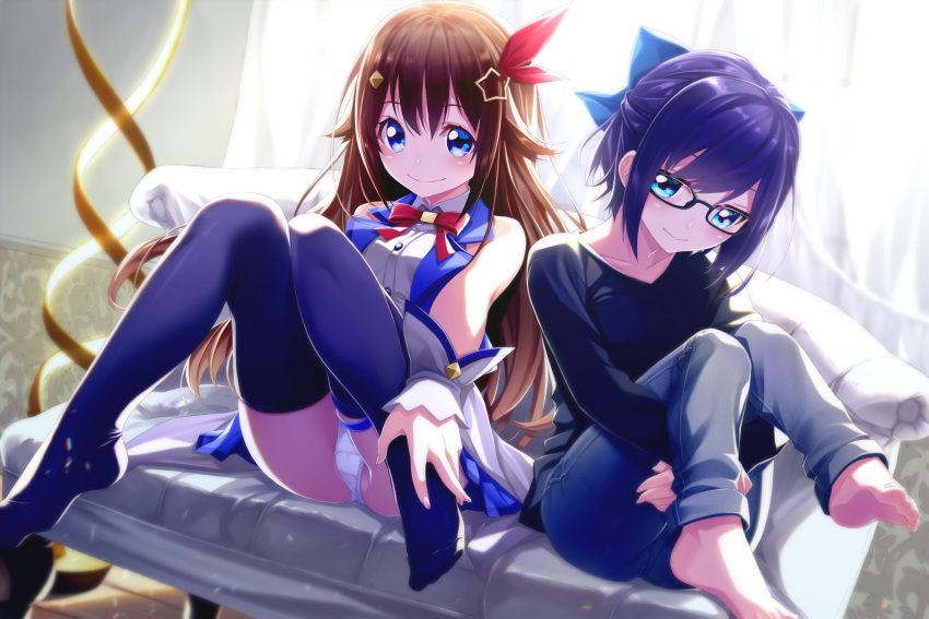 2girls aqua_eyes barefoot black-framed_eyewear black_shirt blue_bow blue_eyes blue_hair blue_jacket blue_legwear blush bow breasts brown_hair closed_mouth collared_shirt commentary couch curtains day denim fenrir_(fenlil0316) full_body glasses hair_between_eyes hair_bow hair_flaps hair_ornament hair_ribbon highres hololive indoors jacket jeans knees_together_feet_apart leg_hug long_hair long_sleeves looking_at_viewer medium_breasts multiple_girls neck_ribbon panties pants pantyshot red_neckwear red_ribbon ribbon shirt short_hair side-by-side sitting sleeveless sleeveless_jacket sleeveless_shirt small_breasts smile star star_hair_ornament sunlight t-shirt thighhighs thighs tokino_sora tokino_sora_channel underwear virtual_youtuber white_panties white_shirt wing_collar wrist_cuffs yuujin_a_(tokino_sora_channel)