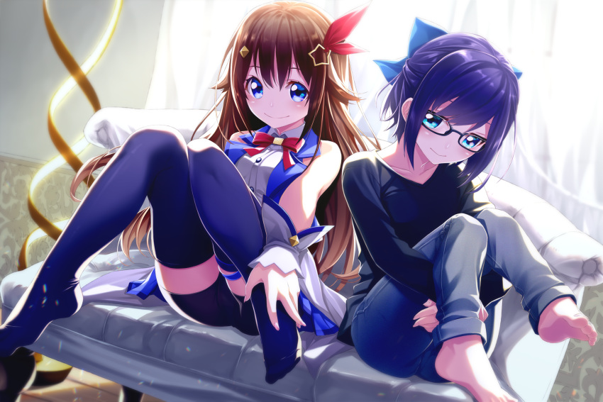 2girls aqua_eyes barefoot black-framed_eyewear black_shirt black_shorts blue_bow blue_eyes blue_hair blue_jacket blue_legwear blush bow breasts brown_hair closed_mouth collared_shirt commentary couch curtains day denim fenrir_(fenlil0316) full_body glasses hair_between_eyes hair_bow hair_flaps hair_ornament hair_ribbon highres hololive indoors jacket jeans knees_together_feet_apart leg_hug long_hair long_sleeves looking_at_viewer medium_breasts multiple_girls neck_ribbon pants red_neckwear red_ribbon ribbon shirt short_hair short_shorts shorts side-by-side sitting sleeveless sleeveless_jacket sleeveless_shirt small_breasts smile star star_hair_ornament sunlight t-shirt thighhighs tokino_sora tokino_sora_channel virtual_youtuber white_shirt wing_collar wrist_cuffs yuujin_a_(tokino_sora_channel)