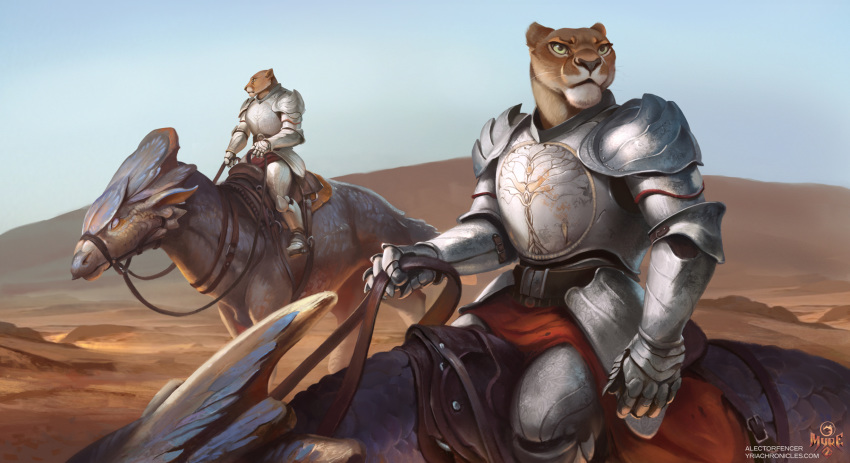 2020 alectorfencer anthro armor brown_body brown_fur clothed clothing cougar day detailed_background digital_media_(artwork) felid feline fur green_eyes hi_res male mammal outside sky