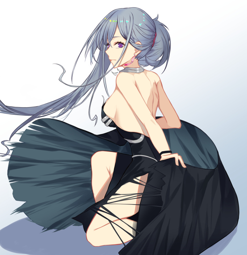 1girl ak-12_(girls_frontline) back bangs blue_dress bracelet breasts closed_mouth dress earrings from_side girls_frontline gradient_hair hair_up halterneck highres holding_skirt jewelry long_hair multicolored_hair one_knee open_eyes purple_eyes sideboob sidelocks silver_hair squatting talnory thighs very_long_hair