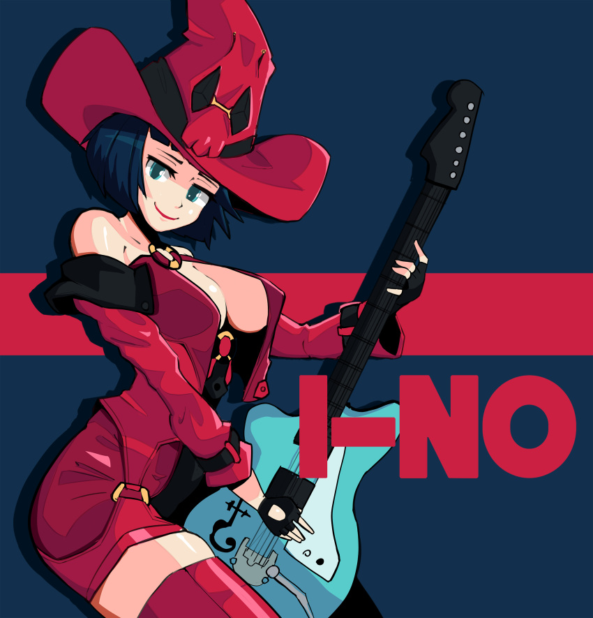 1girl absurdres aidan_core black_hair blue_eyes boots breasts cleavage crop_top crop_top_overhang cropped_jacket electric_guitar fingerless_gloves gloves guilty_gear guitar hat highres i-no instrument large_breasts lipstick looking_at_viewer makeup no_bra o-ring o-ring_top red_footwear red_headwear solo thigh_boots thighhighs thighs witch_hat zettai_ryouiki